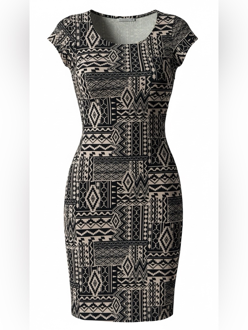 Heart Hips Black & Cream Tribal-Print Cap Sleeve Sheath Dress